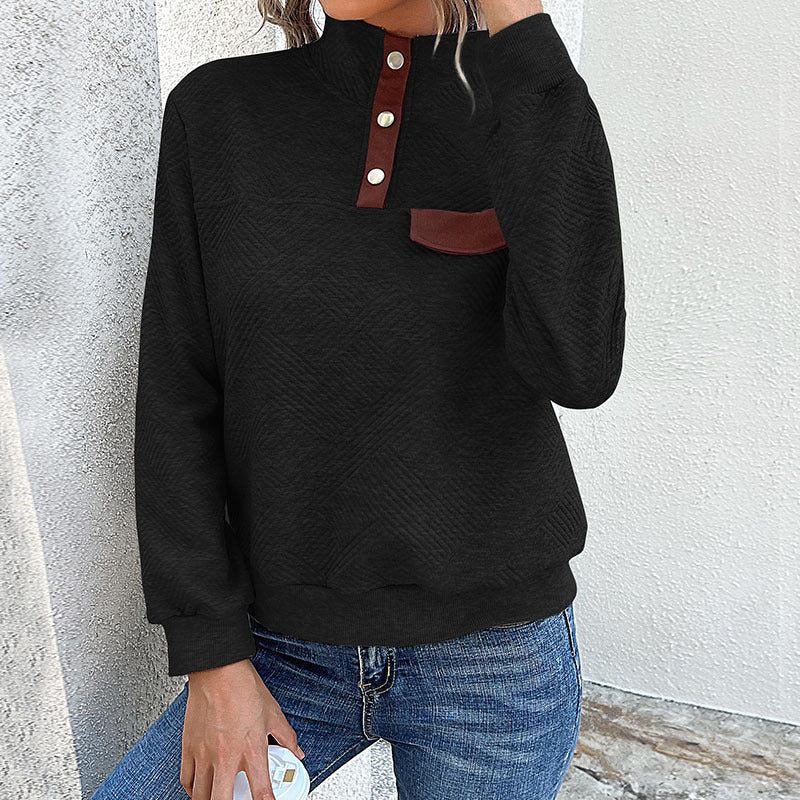 Damen lässiger Pullover mit strukturiertem Kragen und praktischer Brusttasche EB
