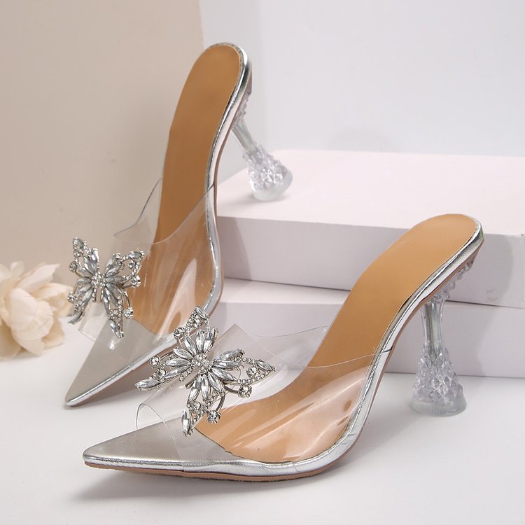 Damen Transparente High Heels mit funkelnden Schmetterlingsapplikationen EB