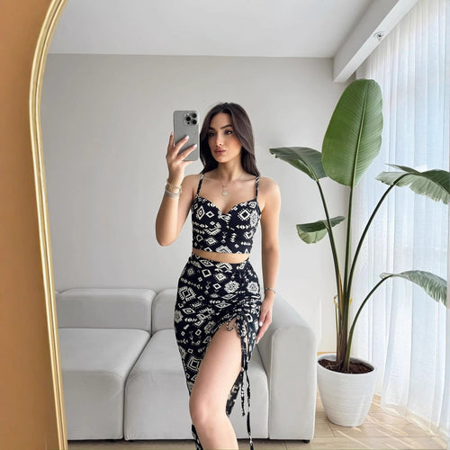 Damen Set aus Crop-Top und Knielangem Rock mit Raffungen EB