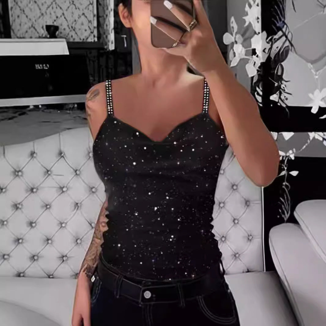 Damen Elegante Spaghetti-Träger Top mit Glitzer-Details EB