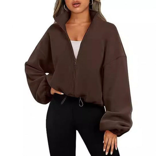 Damen trendy Oversize-Zip-Pullover mit hohem Kragen und Kordelzug EB