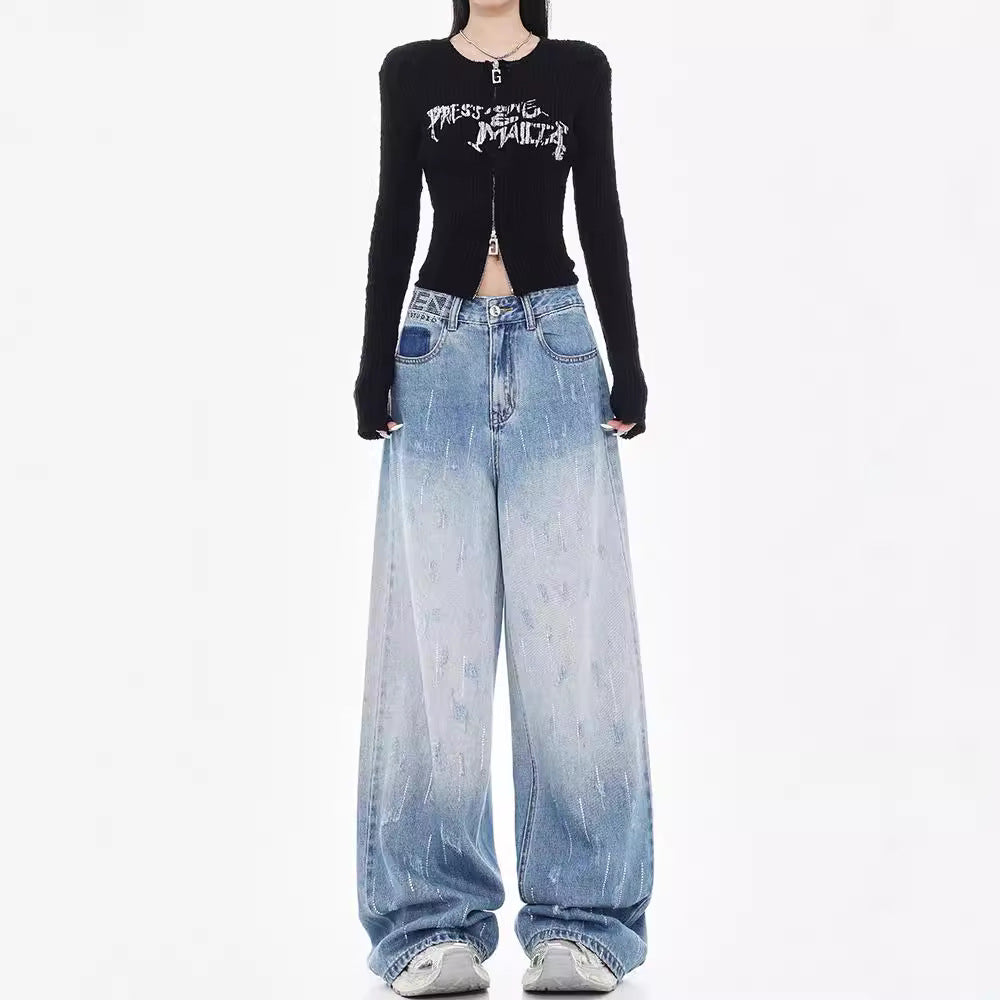 Damen Weit geschnittene Jeans mit hoch geschnittenem Bund und modischen Details EB