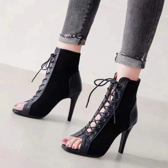 Damen Offene Zehen-Stiefeletten mit elegantem Schnürdesign und hohem Absatz EB