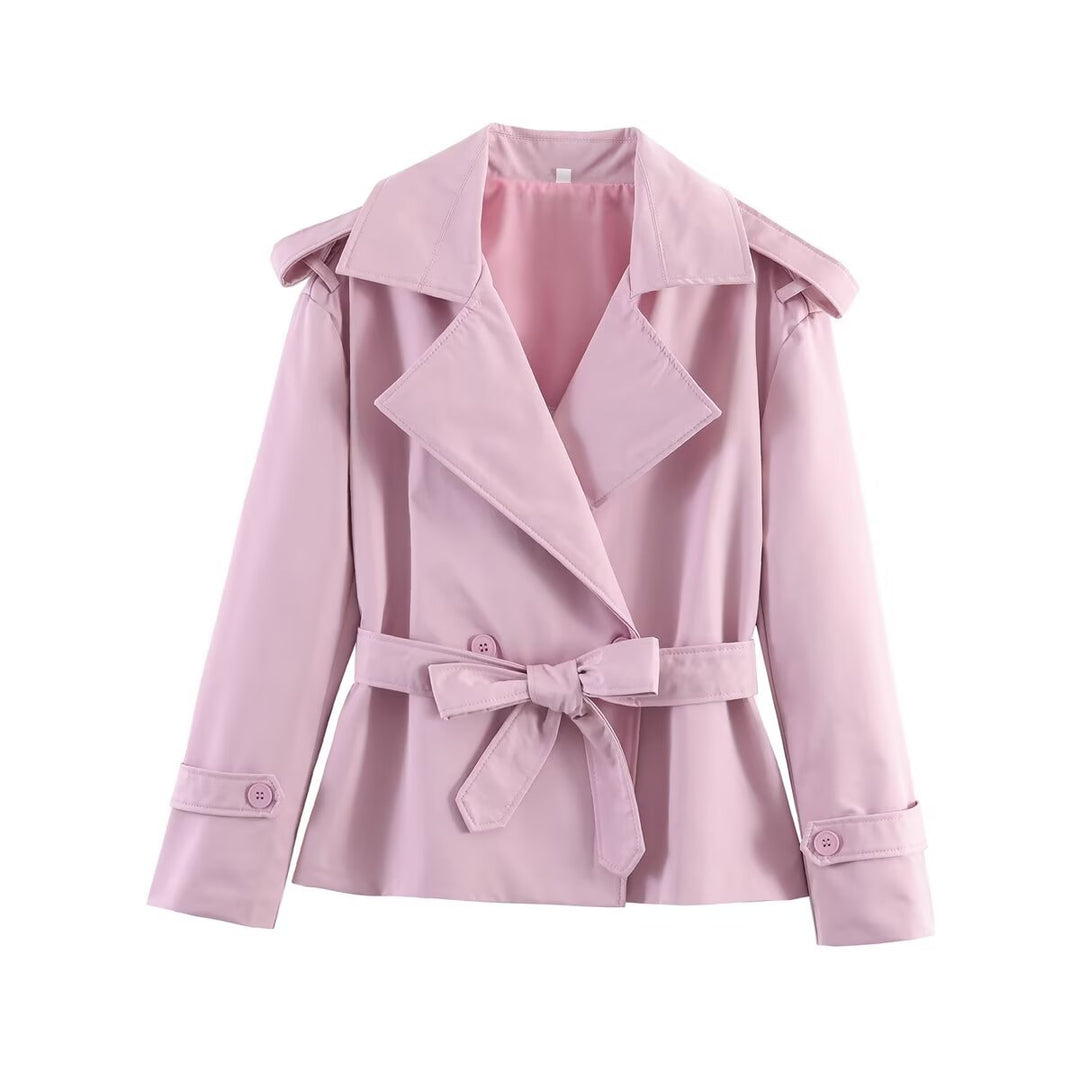 Damen nan kurze Trenchcoat Jacke mit Taillengürtel breitem Revers und dekorativen Schulterklappen EB