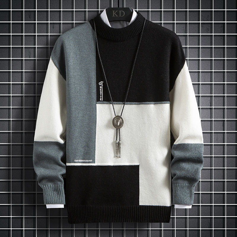 Herren nan blockfarbiger Oversize-Feinstrickpullover mit Stehkragen und gerippten Bündchen EB