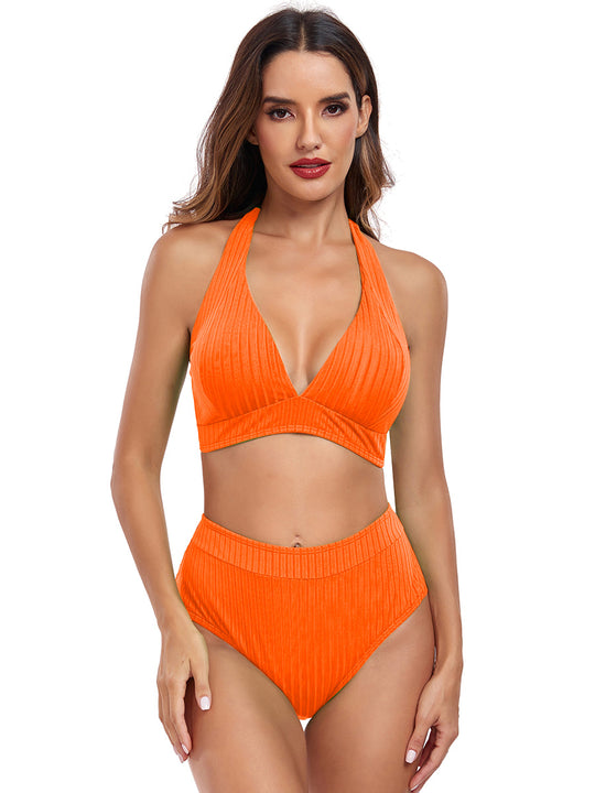 Damen Hochtaillierter Bikini mit V-Ausschnitt und Rippstruktur EB