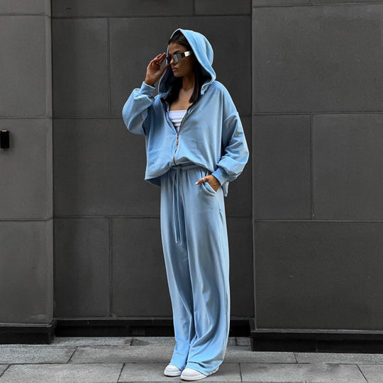 Damen nan luxuriöses Velours-Zweiteiler Set mit kurzem Reißverschluss-Hoodie und weiten Highwaist-Loungehosen EB