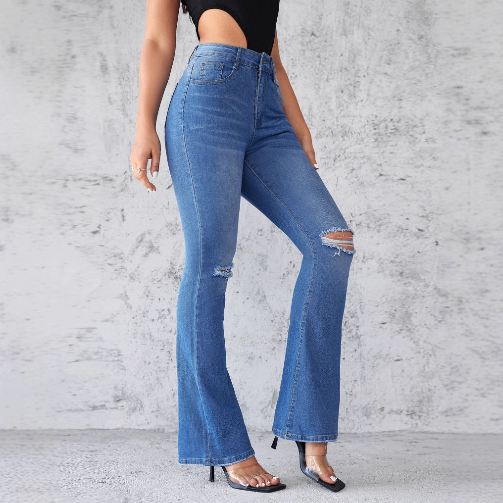 Damen Flared Jeans im modernen Used-Look mit eleganten Rissen und hohem Taillenbund EB