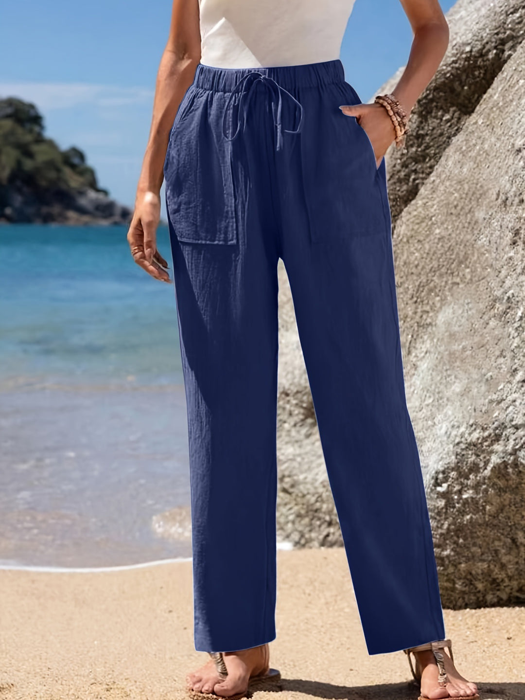 Damen Locker geschnittene Strandhose mit praktischen Taschen und elastischem Bund EB