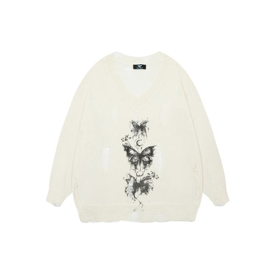 Damen oversized Pullover mit grafischem Print und distressed Details EB