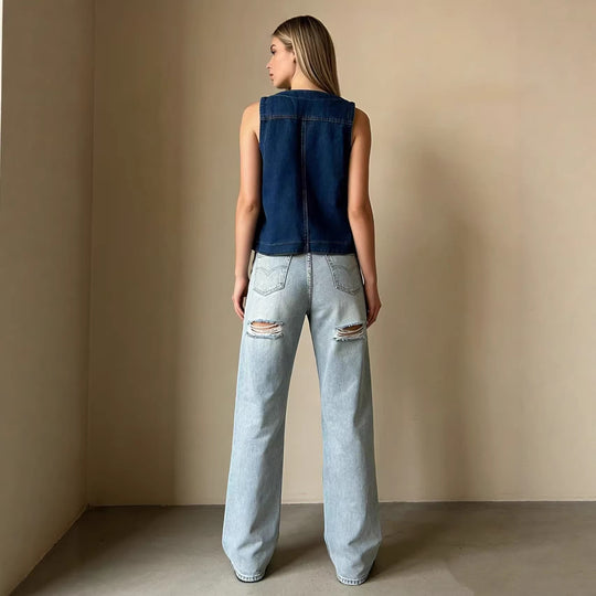 Damen lässige Denim-Weste mit Knopfdetails und aufgesetzten Taschen EB