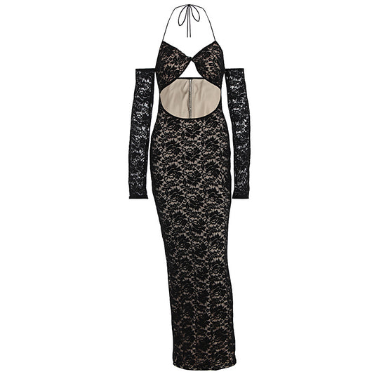 Damen aufregendes Spitzenkleid mit tiefem Rückenausschnitt und langem Arm EB