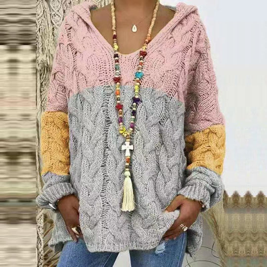 Damen nan grob gestrickter Kapuzenpullover mit Zopfmuster und weitem Oversize-Schnitt EB