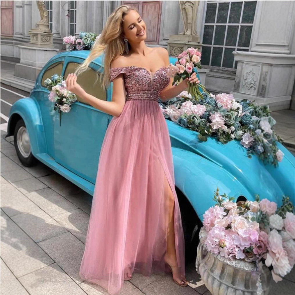 Damen Elegantes Abendkleid mit schulterfreier Optik und funkelnden Verzierungen EB