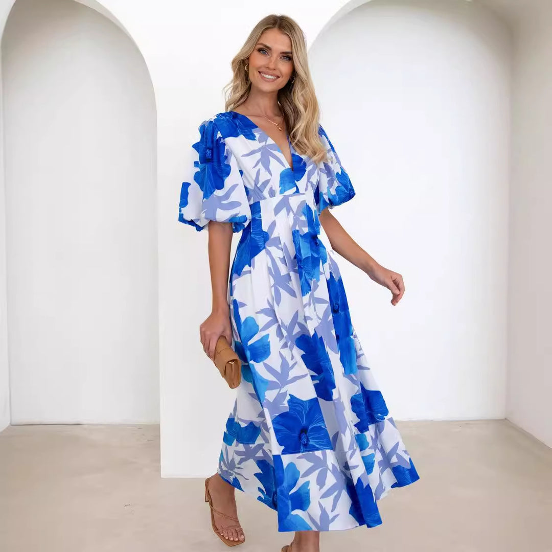Damen Maxikleid mit buntem floralen Design und lässigen Puffärmeln EB