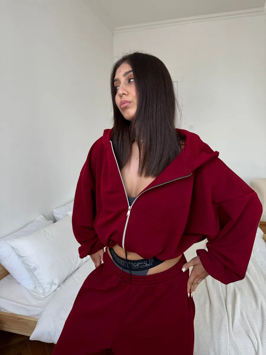 Damen kurzes Kapuzenzipper-Lounge-Set mit oversized Ärmeln und weitem Jogginghose-Schnitt EB