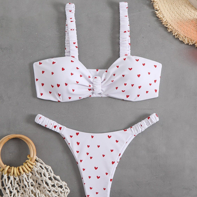 Damen Triangel-Bikini mit tropischem Druck und zarten Rüschen EB