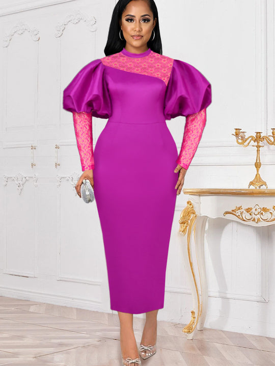 Damen Midi-Kleid mit langen Spitzenärmeln und voluminösen Puffärmeln EB