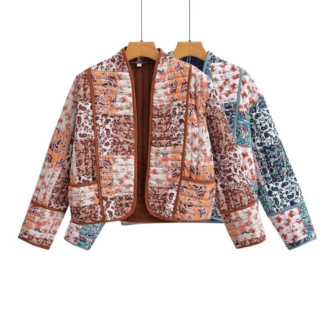 Damen modische Steppjacke mit buntem floralen Patchworkdesign EB