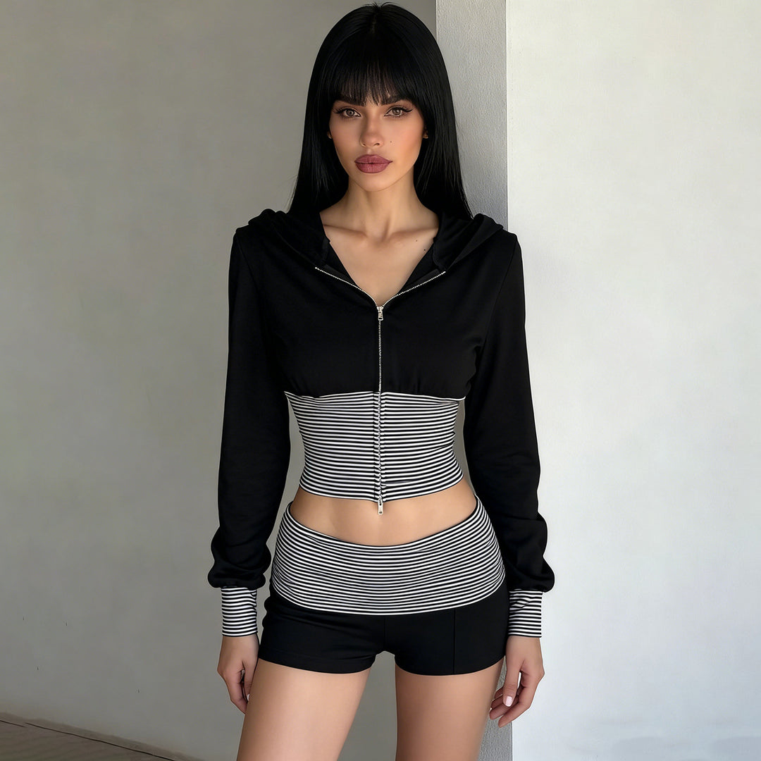 Damen nan kurz geschnittenes Lounge-Set mit Kapuzen-Cropped-Zip und gestreiften Highwaist-Shorts EB