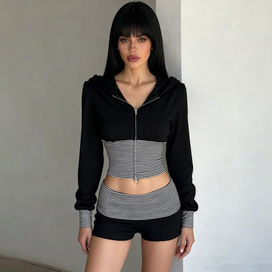 Damen nan kurz geschnittenes Lounge-Set mit Kapuzen-Cropped-Zip und gestreiften Highwaist-Shorts EB