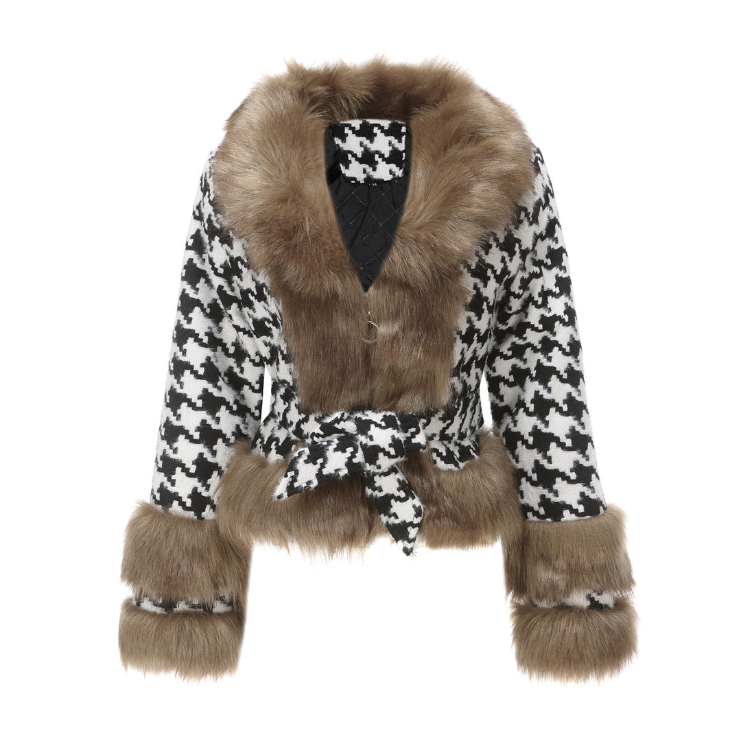 Damen Hochwertige Winterjacke mit auffälligem Hahnentritt und faux Pelzkragen EB