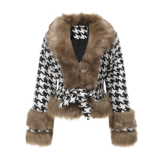 Damen Hochwertige Winterjacke mit auffälligem Hahnentritt und faux Pelzkragen EB