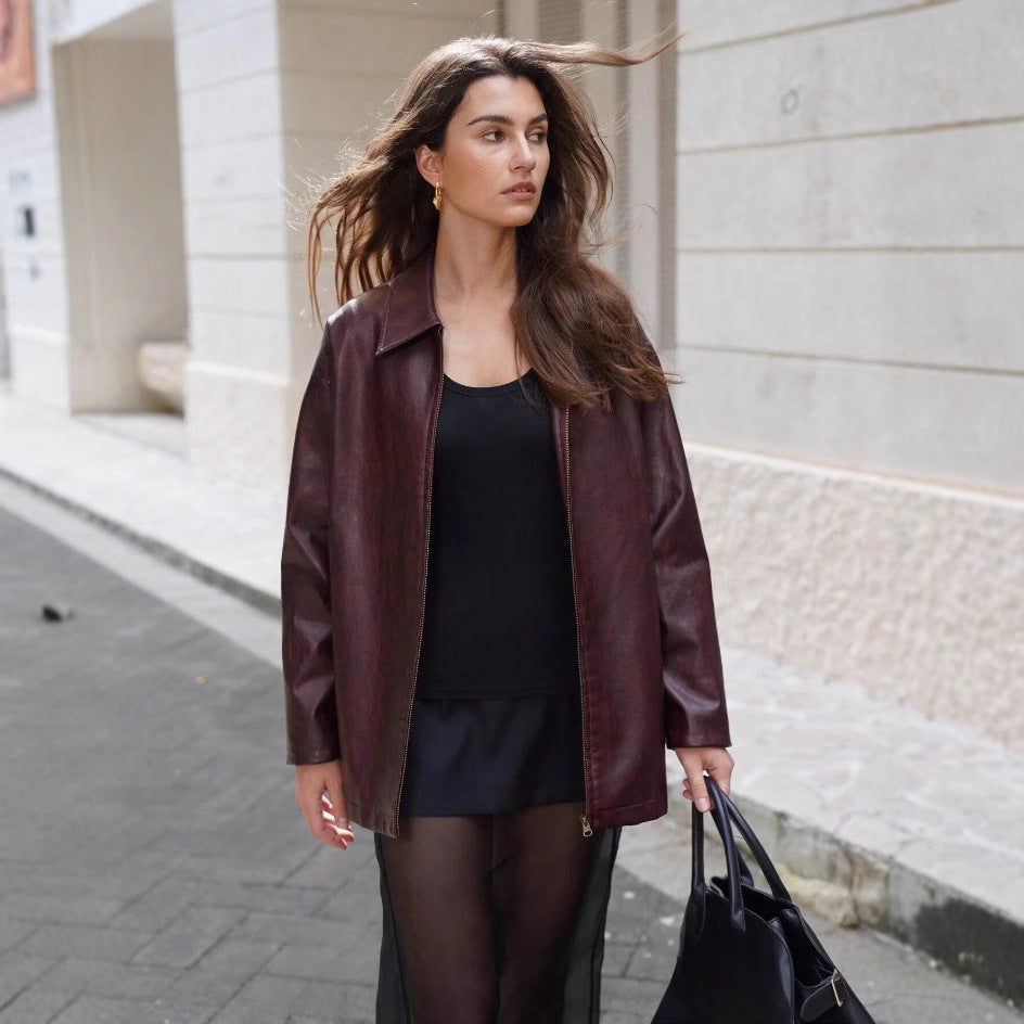 Damen lässige Kunstlederjacke mit strukturiertem Design EB