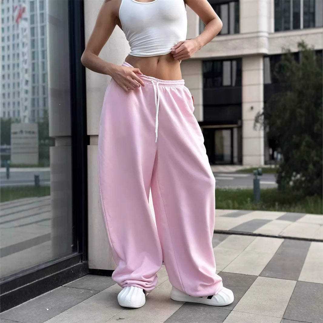 Damen oversized Fleece-Sweathose mit tiefem Schritt, Kordelzugbund und lässiger Streetwear-Passform EB