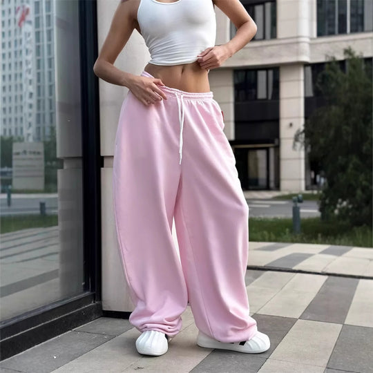 Damen oversized Fleece-Sweathose mit tiefem Schritt, Kordelzugbund und lässiger Streetwear-Passform EB