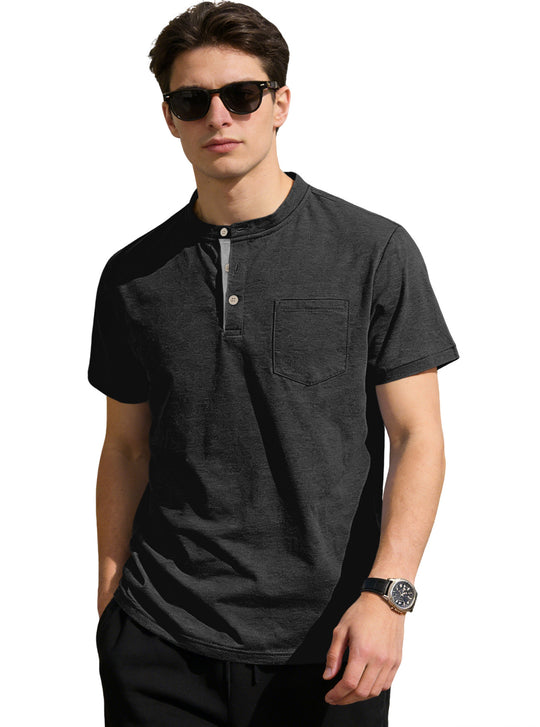 Herren nan strukturiertes Baumwoll-Henleyshirt mit kurzem Stehkragen Knopfleiste und Brusttasche EB