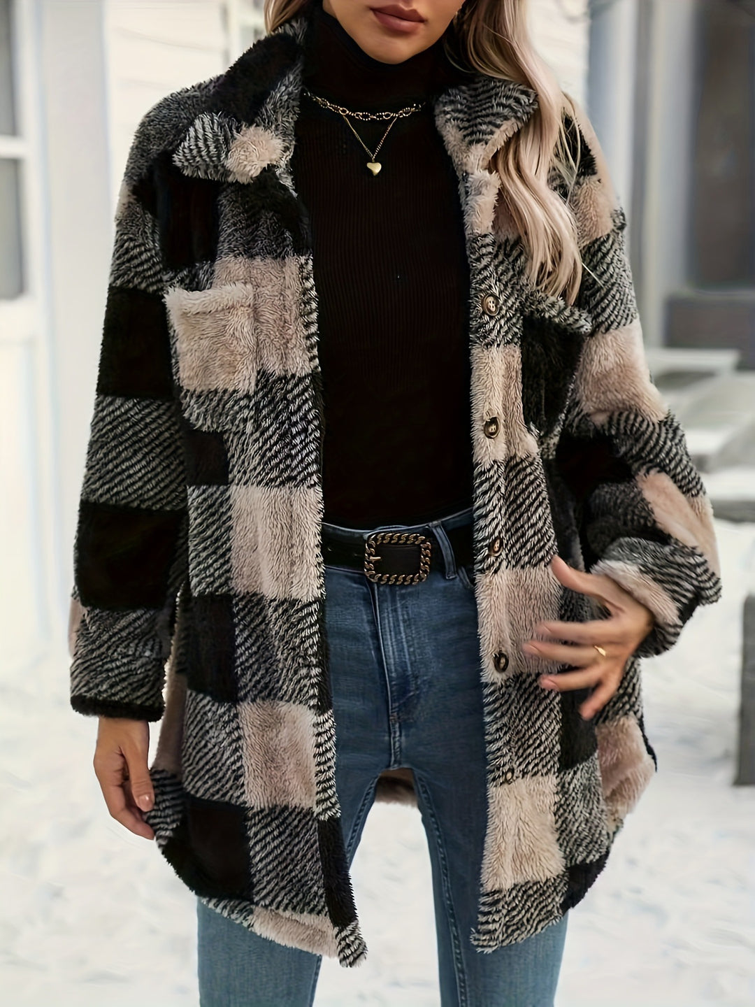 Damen Teddyjacke mit kariertem Muster und weichem Fell EB