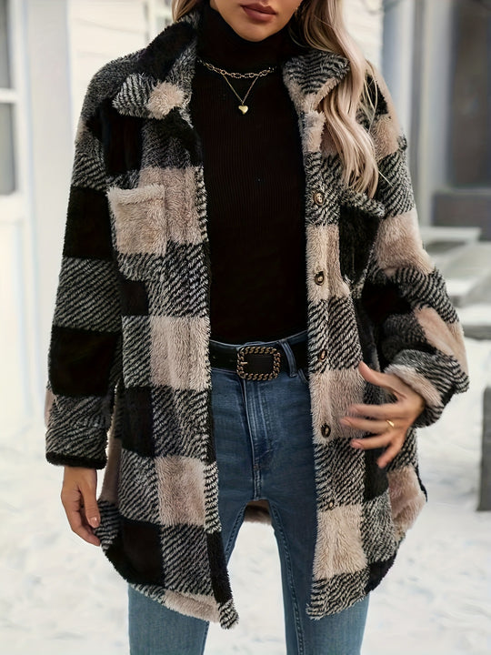 Damen Teddyjacke mit kariertem Muster und weichem Fell EB