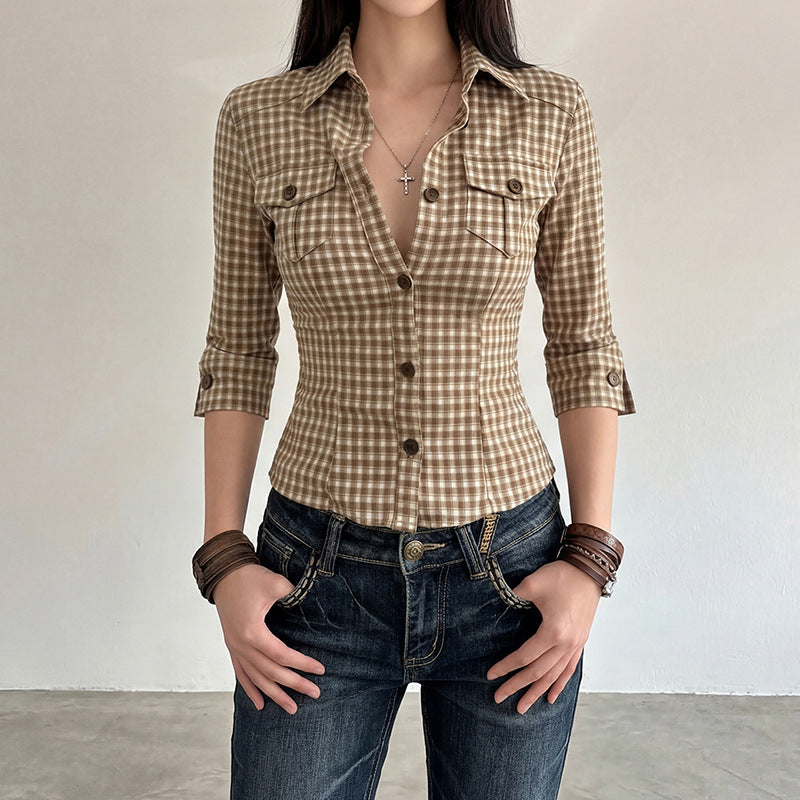Damen nan taillierte Dreiviertelarm Karobluse mit Brustpattentaschen und Hemdkragen EB
