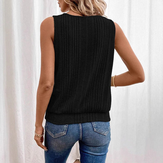 Damen ärmelloses Rundhalsoberteil mit strukturiertem Design und dekorativer Knopfleiste Heidi-Mode