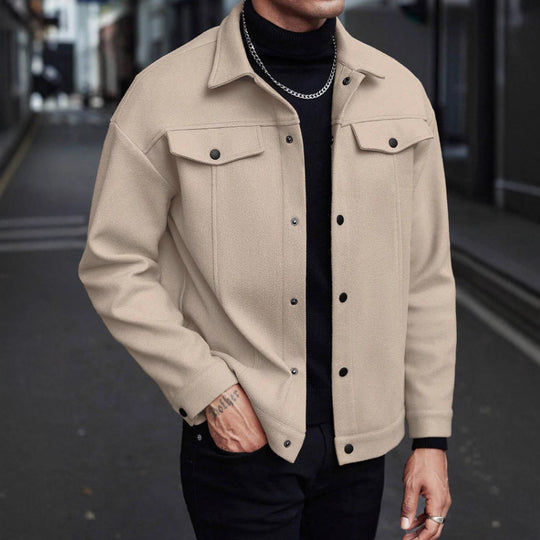 Herren nan Wolloptik-Overshirt Jacke im Shacket-Stil mit Brustklappen und Druckknopfleiste EB