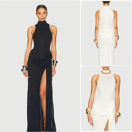 Damen langes Abendkleid mit elegantem Wasserfallausschnitt und tiefem Schlitz EB