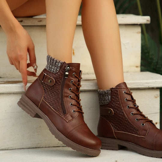 Damen nan knöchelhohe Schnürstiefelette mit Strickschaft, Seitenreißverschluss und profilierter Gummisohle EB