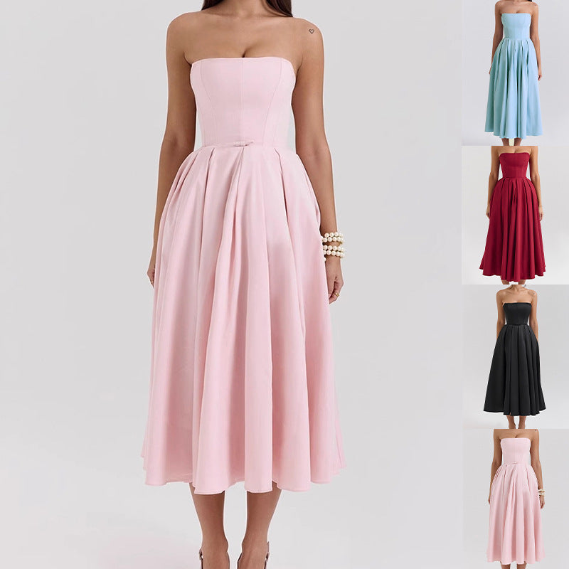 Damen Maxikleid mit schulterfreiem Design und voluminösem Saum EB