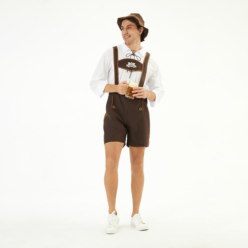Herren nan traditionelle Kurzlederhose mit verstellbaren Trägern und dekorativem Brustlatz EB