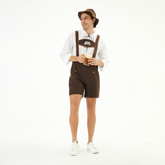 Herren nan traditionelle Kurzlederhose mit verstellbaren Trägern und dekorativem Brustlatz EB