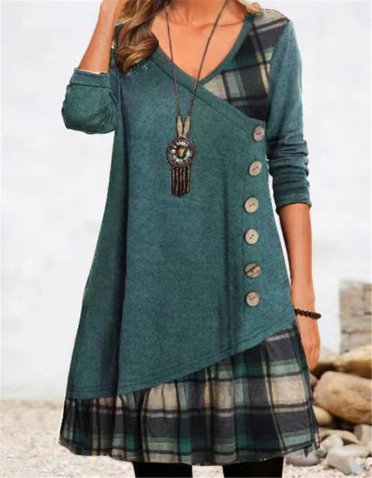 Damen modisches Wickelkleid mit Karomuster und Knopfdetails EB