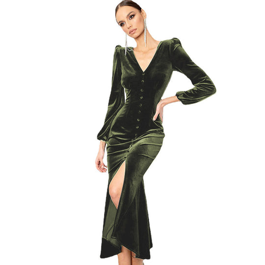 Damen Samt Maxikleid mit tiefem V-Ausschnitt und Knopfdetails EB