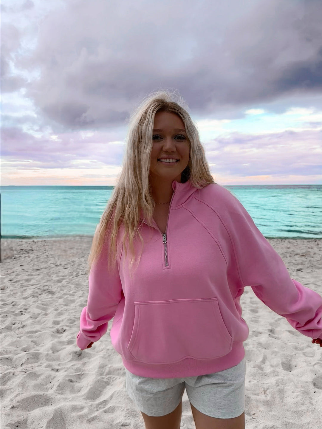 Damen Relaxed Halb-Reißverschluss Hoodie aus Bio-Baumwolle mit Kängurutasche und Raglanärmeln EB