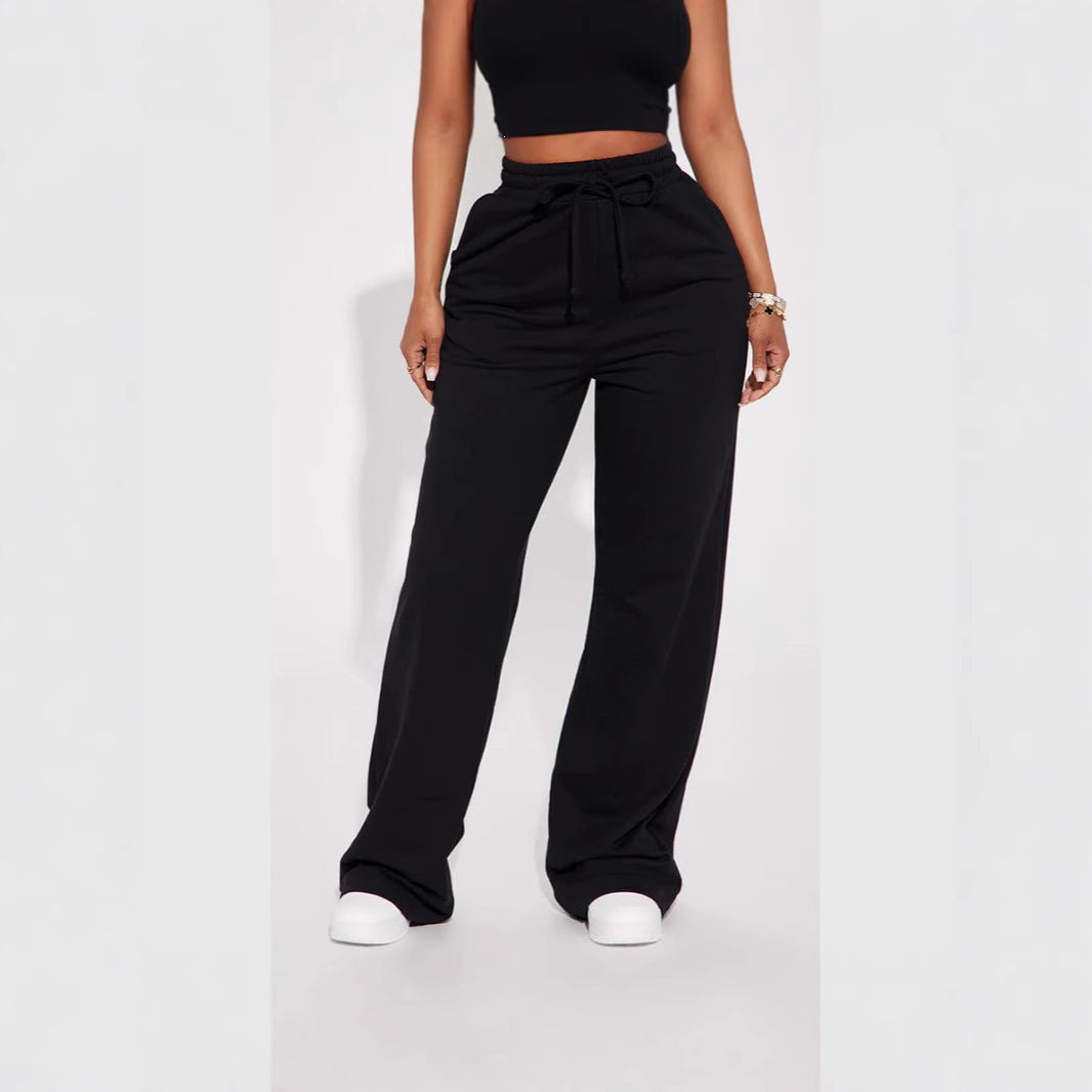 Damen nan breite High-Waist Loungehose aus weichem Baumwollmix mit Kordelzug und Eingrifftaschen EB