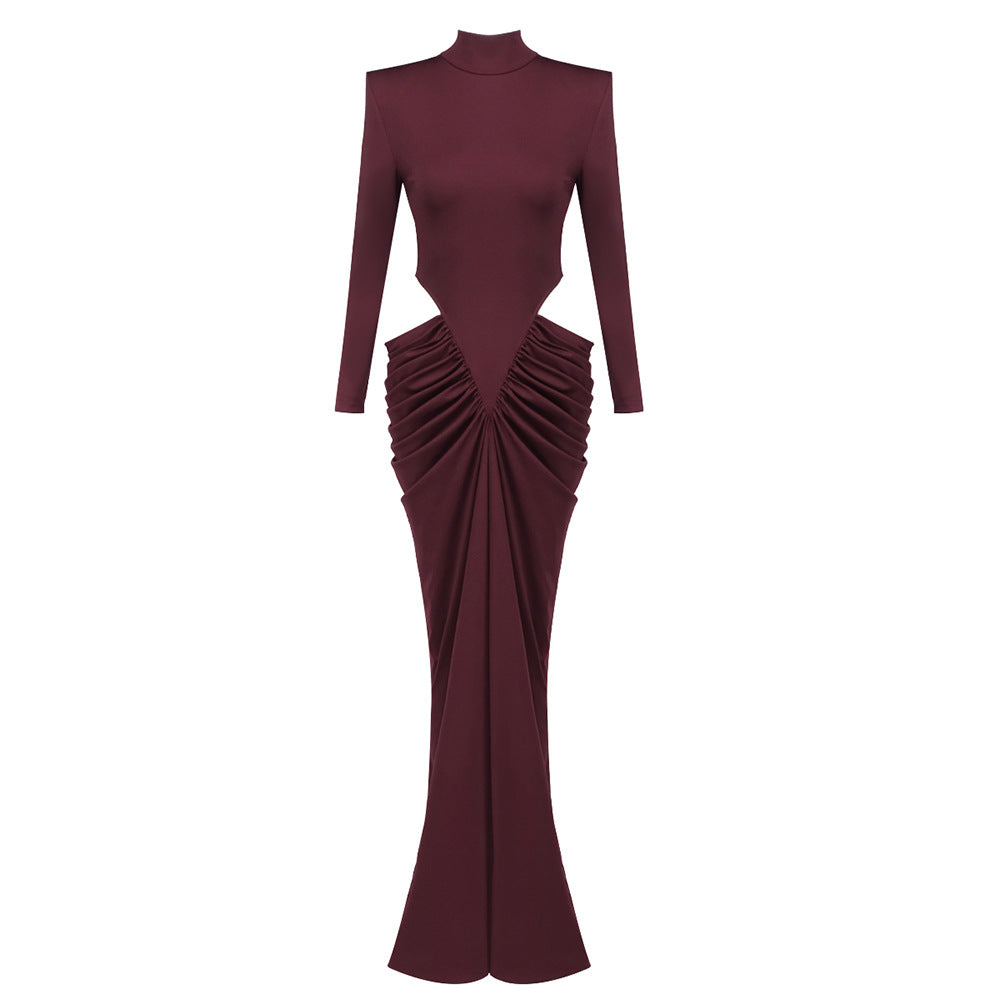Damen elegantes langärmliges Kleid mit raffiniertem Drapierungseffekt EB