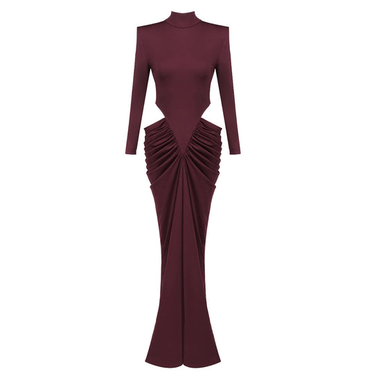 Damen elegantes langärmliges Kleid mit raffiniertem Drapierungseffekt EB