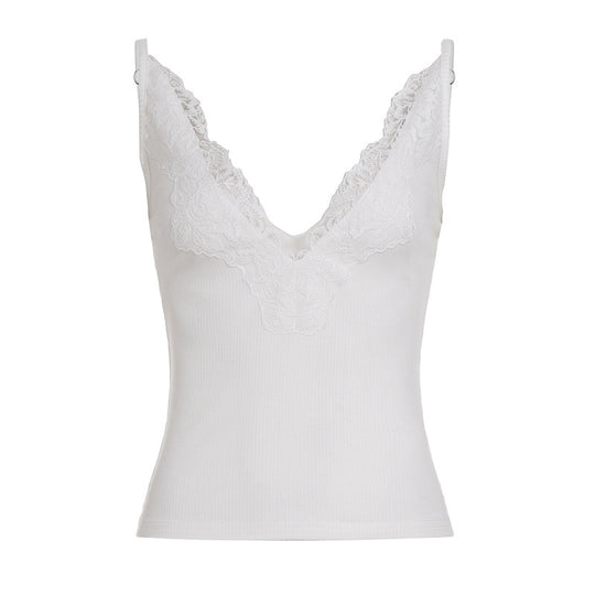 Damen Elegantes Top mit Spitzenverzierung und tiefem V-Ausschnitt EB
