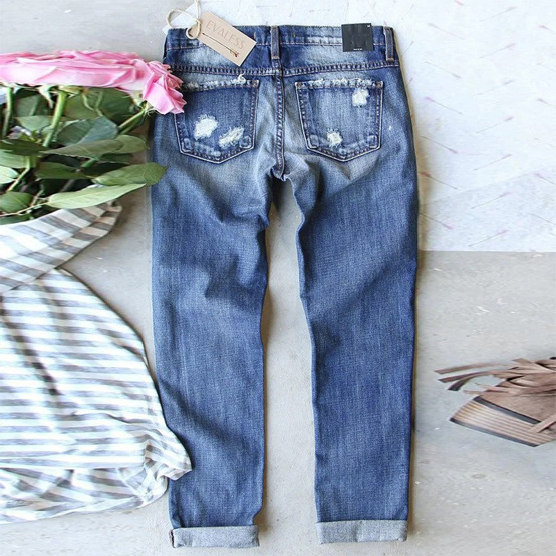 Damen Jeans mit stylischen Rissen und Karomuster EB