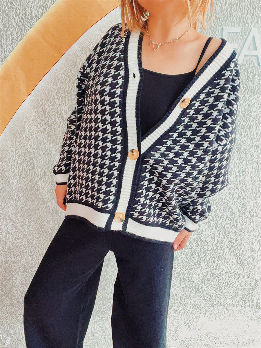Damen oversized Strickjacke im klassischen Hahnentrittmuster EB